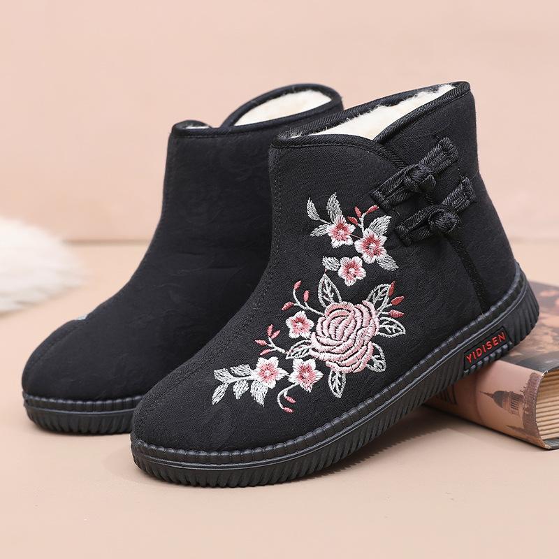 Winter Plus Velvet Warm Old Beijing Cloth Shoes Women's Vintage Ethnic Style Non-slip Soft-soled Embroidered Short Cotton Boots