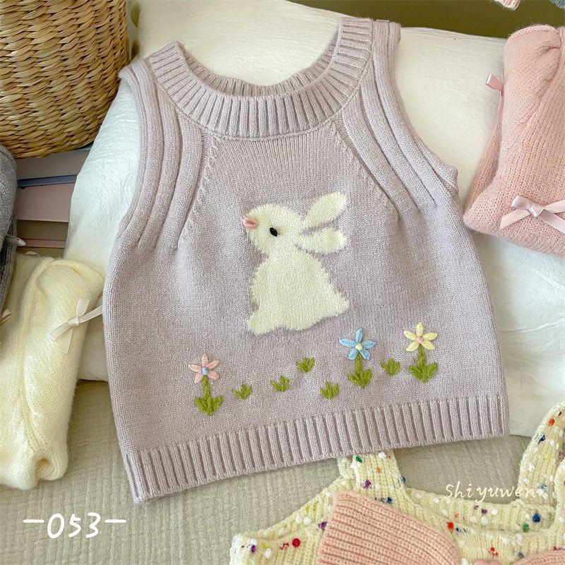 Κορεάτικο Πλεκτό Γιλέκο με Κουνέλι Κινουμένων Σχεδίων για Κορίτσια - Αμάνικο Φθινοπωρινό/Χειμερινό Πουλόβερ