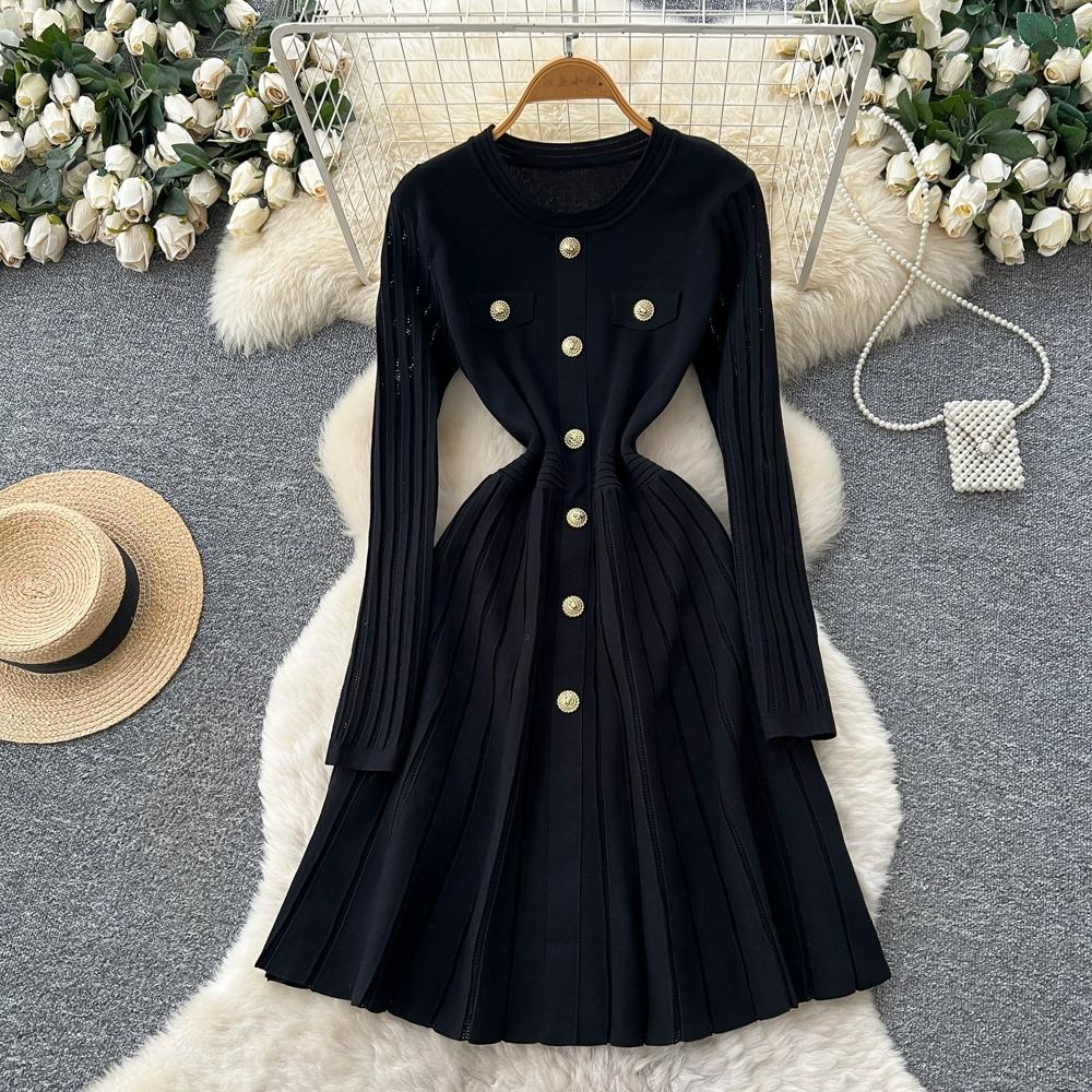 Autumn Winter Women Casual O-neck Full Sleeve Knitted Sweater Pullover Dresses