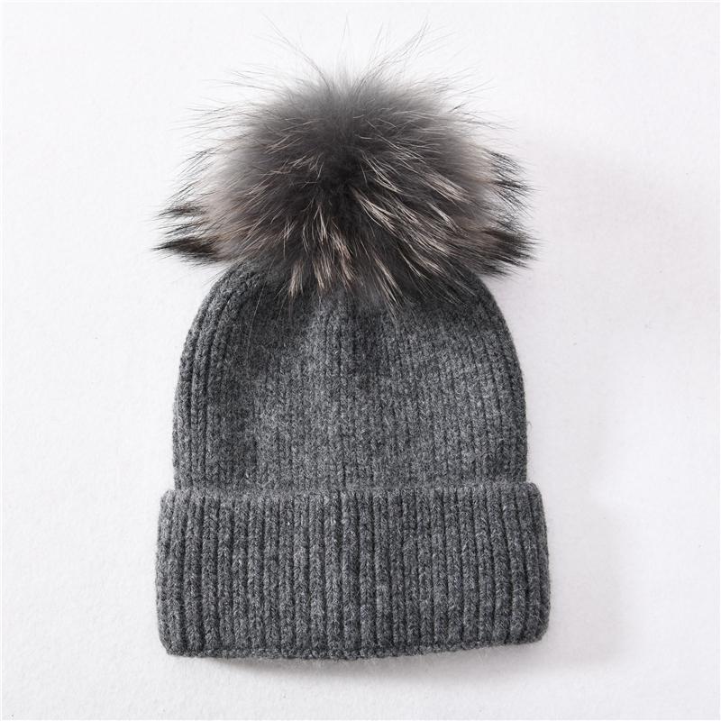 Jaxmonoy Kaschmir-Strickmütze, große Beanie-Mütze mit echtem Waschbärfell und Bommel, hochwertige, warme Mütze, Damenmütze