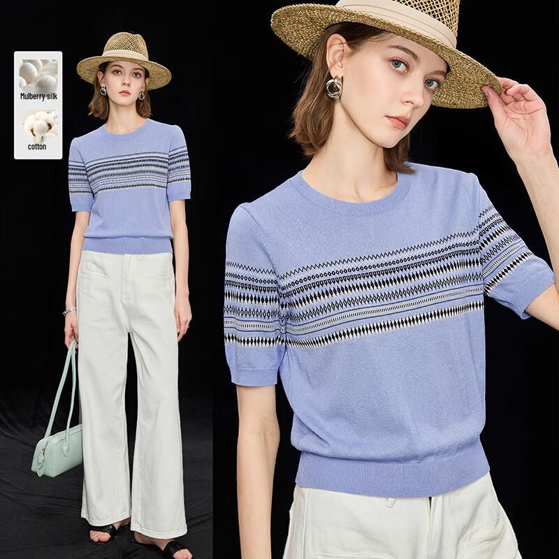 Wudao Women s Silk Blend Fair Isle Jacquard Short Sleeve T-Shirt XL