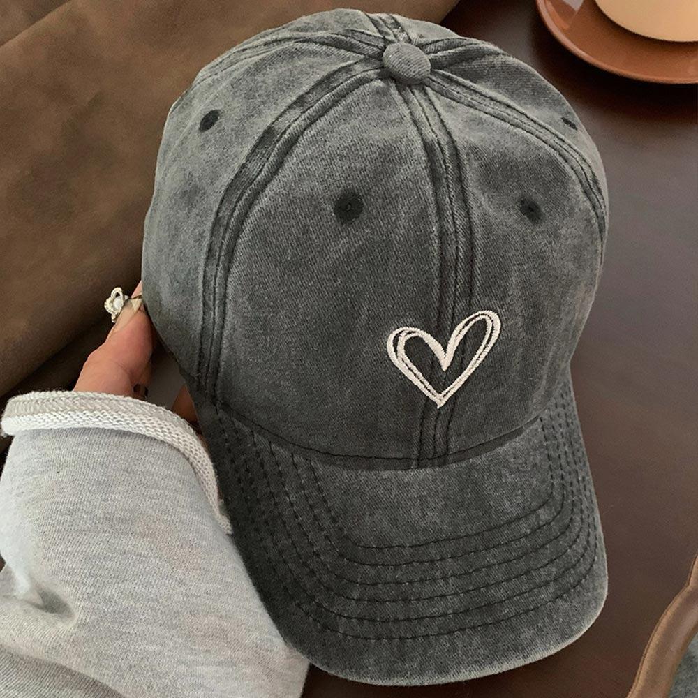 New Embroidery Peach Heart Spring/Summer Hat Adjustable Casual Soft Top Duck Hat Wash Denim Baseball Caps for Women Men Couple