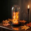 Skeleton Pumpkin Display Halloween Cloche Lamp, Lighted Stacking Skull In Clear Figurine Dome with Witch Hat for Tabletop Mantel, Party Decor Lantern