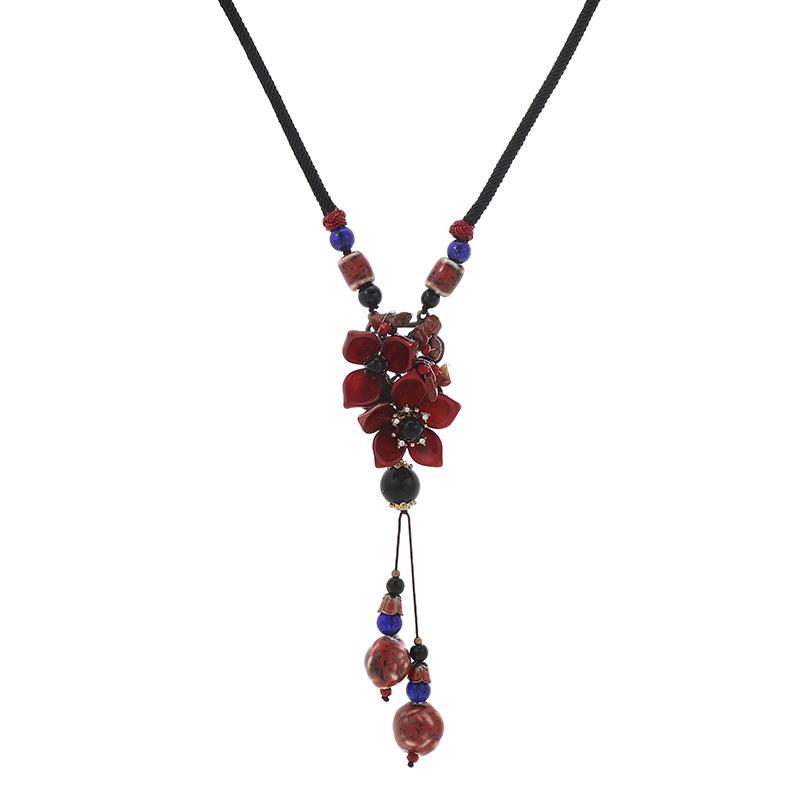 BLINGBAY Women's Vintage Red Flower Pendant Necklace Adjustable Rope Chain Beaded Statement Jewelry Gift