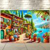 2D Mediterranean Village with Colorful Flowers Wall Decor Tapestry