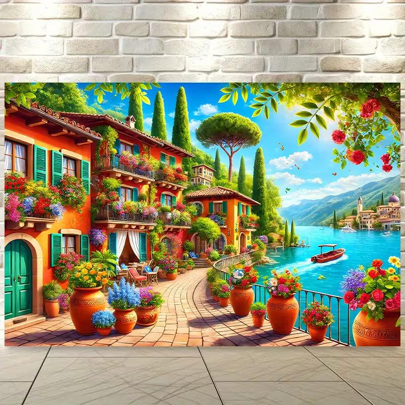 2D Mediterranean Village with Colorful Flowers Wall Decor Tapestry
