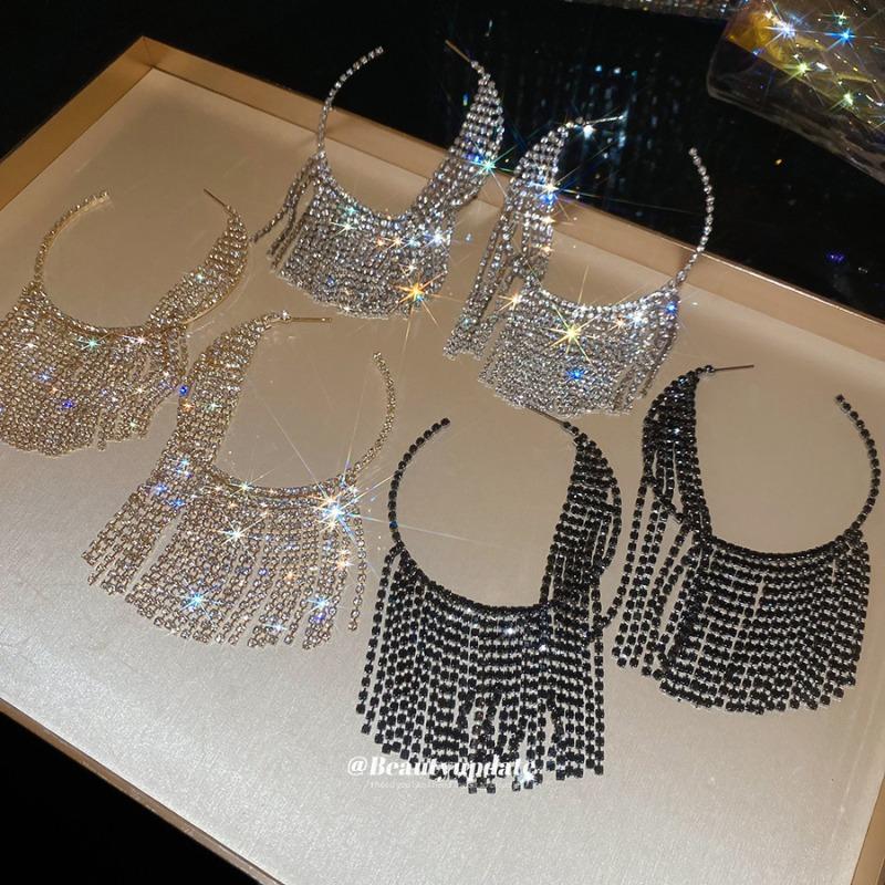 Silver Needle Super Flash Diamond-set Geometric Round Fringed Earrings Exaggerated Temperament Earrings Light Luxury High-end Earrings Women