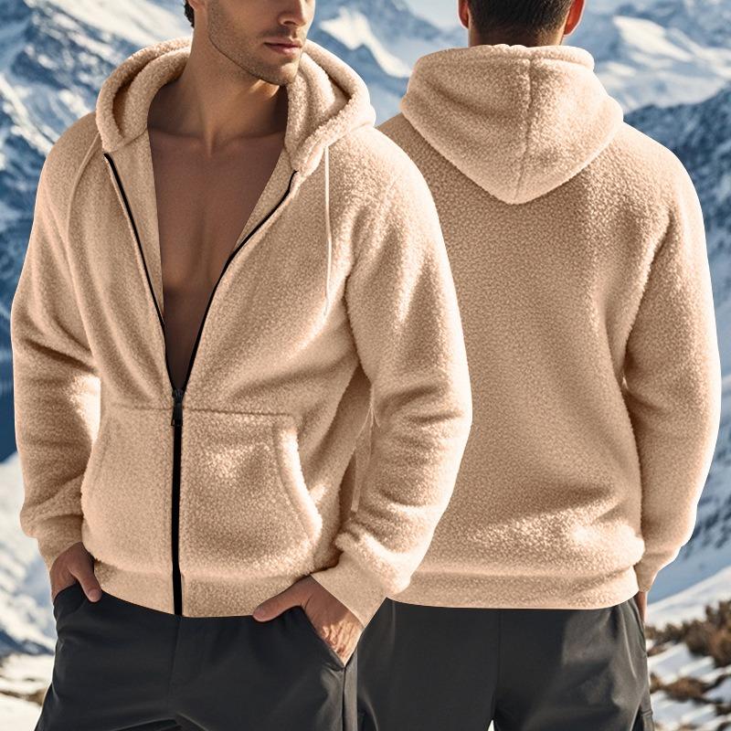 Men's American Style Double Sided Fleece Hooded Jacket, Thick Warm Full Zip Cardigan, Loose Fit Casual Coat for Spring Autumn