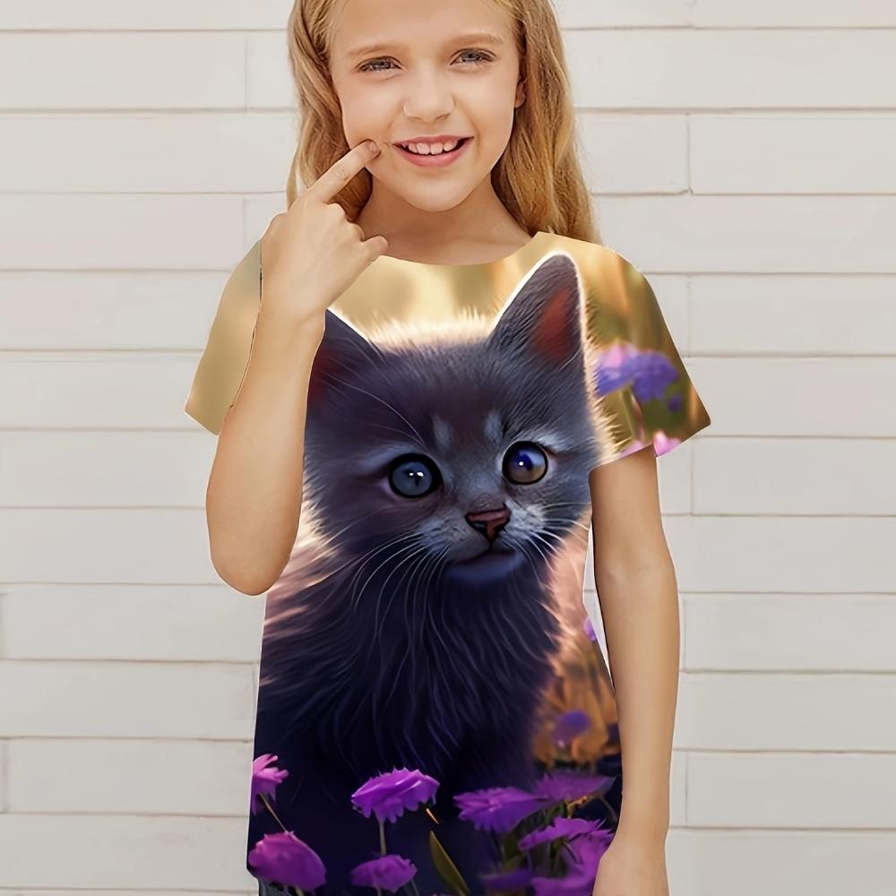 T-Shirt for Girls Cute Kitten Girls Clothes Kids 3d Print Summer Short Sleeve Children Outdoor Sports Tops for Girls
