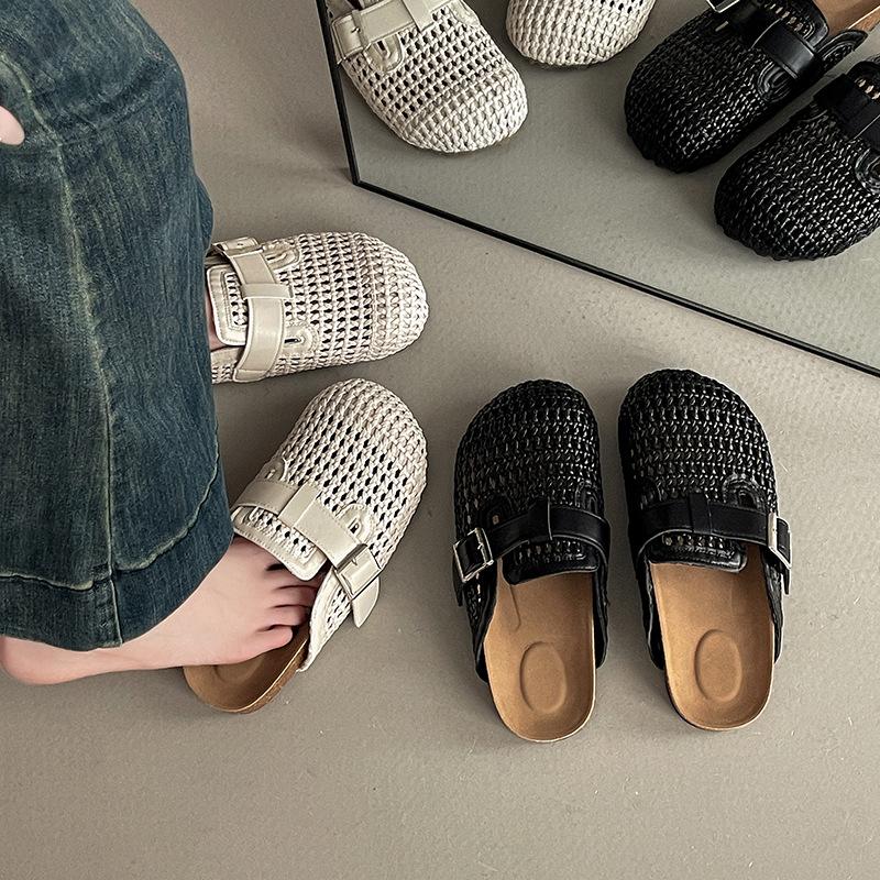 Fashion Hollow Woven Breathable Bag Head Half Slippers Ladies Summer Retro Internet Celebrity Lazy Casual Cool Slippers Boken Shoes