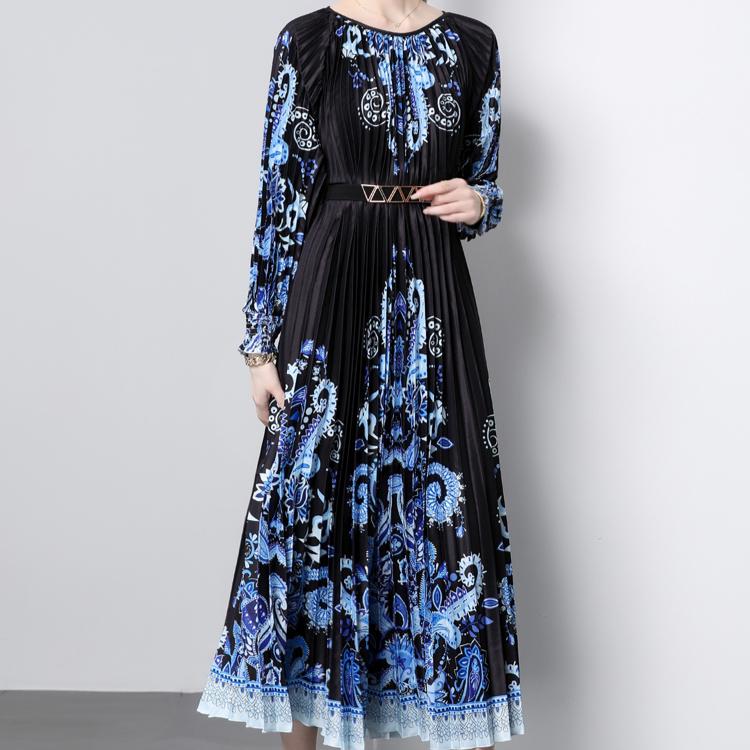 Autumn Women Vintage Print Designer Loose Runway Robe Long Maxi Holiday Party Dresses with Belt