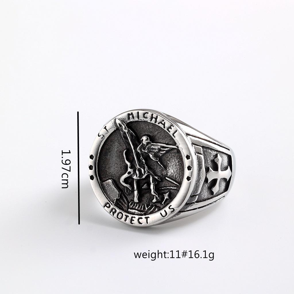 Vintage Titanium Steel Ring Archangel St. Michael's Dragon Slayer Ring Men's Stainless Steel Jewelry