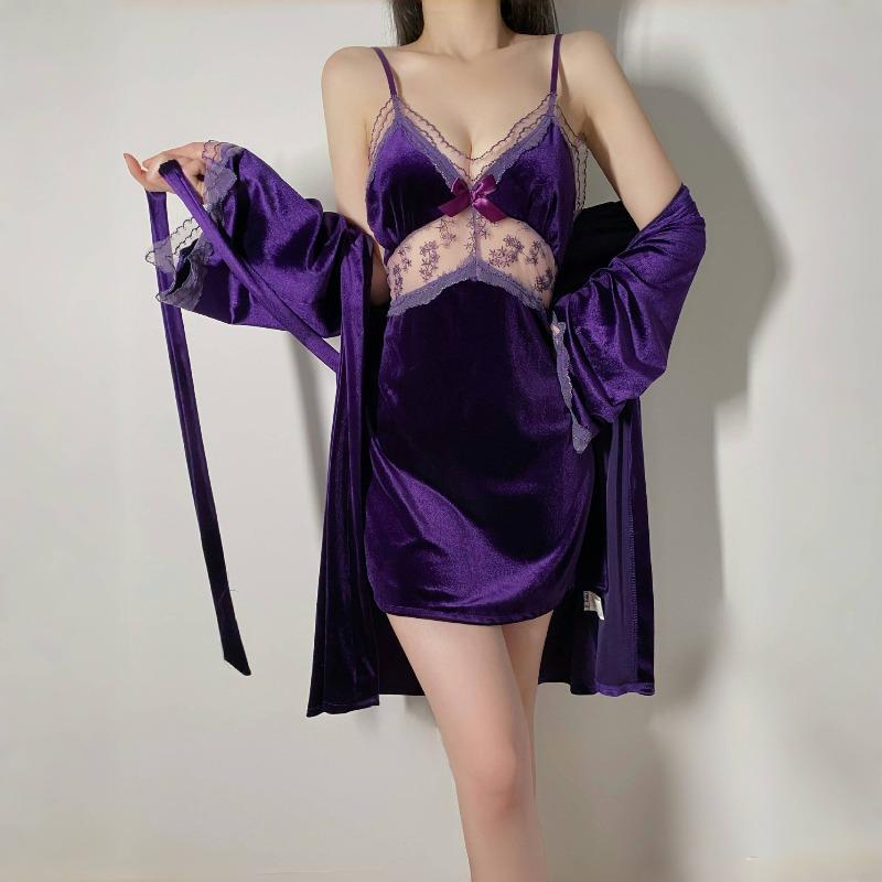 Sexy Golden Velvet Suspender Pajamas Autumn and Winter Nightgown Robe Two-piece Set Lace Loungewear Women's