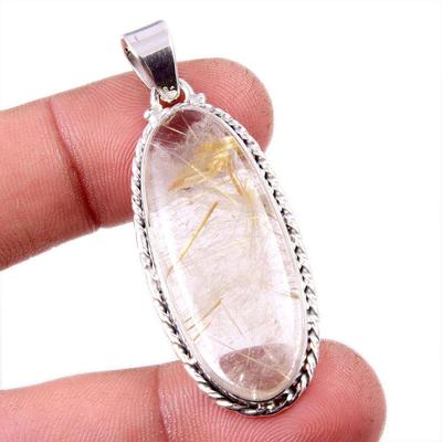 Natural Golden Rutile Gemstone 925 Solid Sterling Silver Jewelry Pendant 2" K7k38