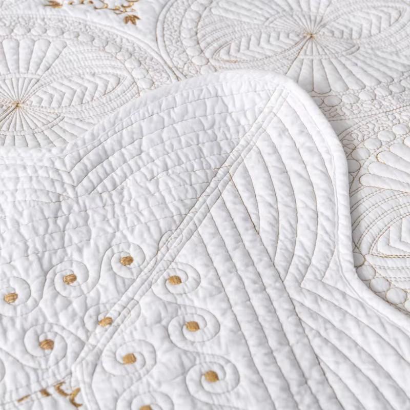 Embroidered Cotton Quilt Set 3PCS - King/Queen Size Solid Color Coverlet Lightweight Summer Bedspread Breathable Blanket for Bed