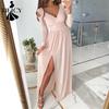 Women's Fashion Spring Fall Solid Color Print Long Sleeve V-Neck High Waist Casual Dresses