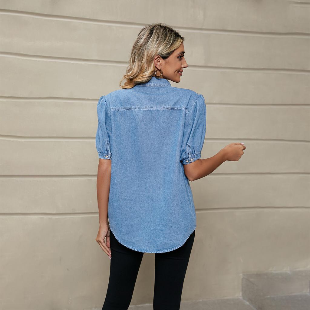 ქალთა მოდა შემთხვევითი საზაფხულო გაზაფხული სოლიდური პრინტით მოკლე მკლავიანი პოლო კისრის ბლუზები და მაისურები