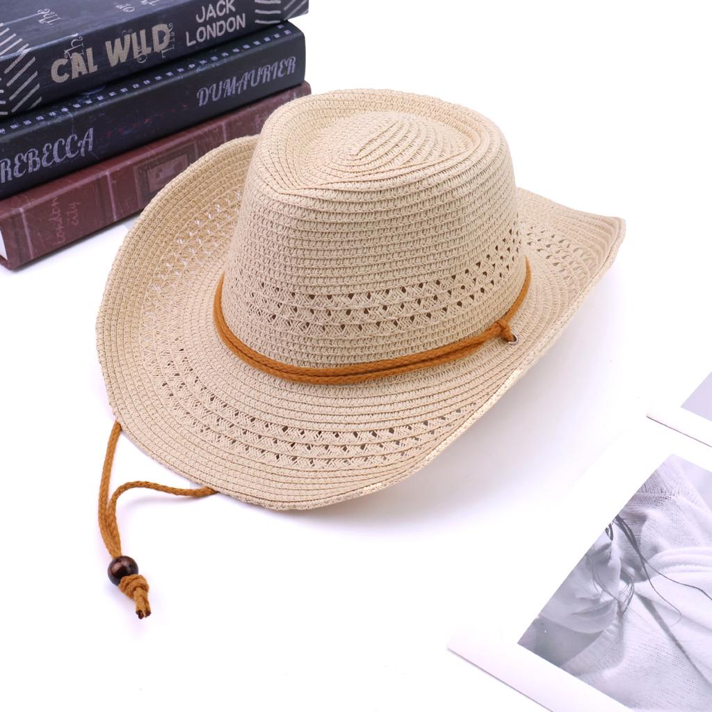 Hollow lace-up Panama straw hat new big eaves western cowboy hat summer outdoor sun protection hat