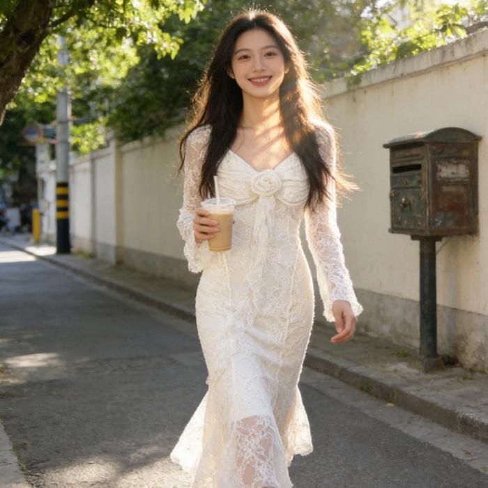 

Square neck lace slim and thin long-sleeved dress medium and long celebrity style spring new scheming women s clothing S