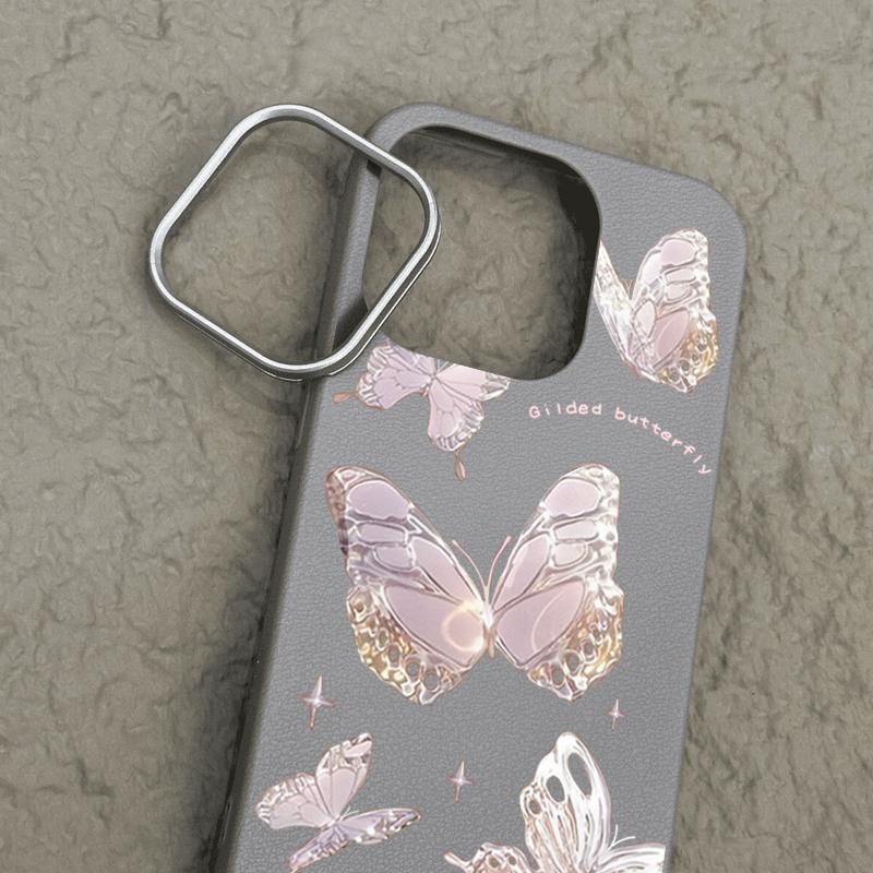 Butterfly Pattern Leather Texture Slim Soft Case Shell For iPhone 16 Pro Max 15 14 Pro 13 12 11 Matte Lens Protection Shockproof TPU Phone Cover