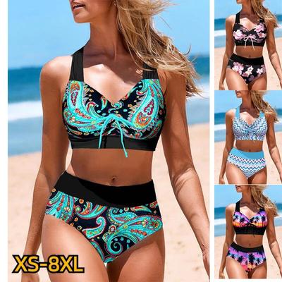 2024 Women High Waist Tankini Summer New Design Printing Swimwear Swimsuit Bikini Bathing Suit Two Piece Set Beach Weart XS-8XL