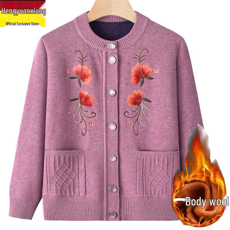 Plus Size Velvet Thickened Sweater Coat for Women & Grandmothers (73-83 Years) - Button Cardigan