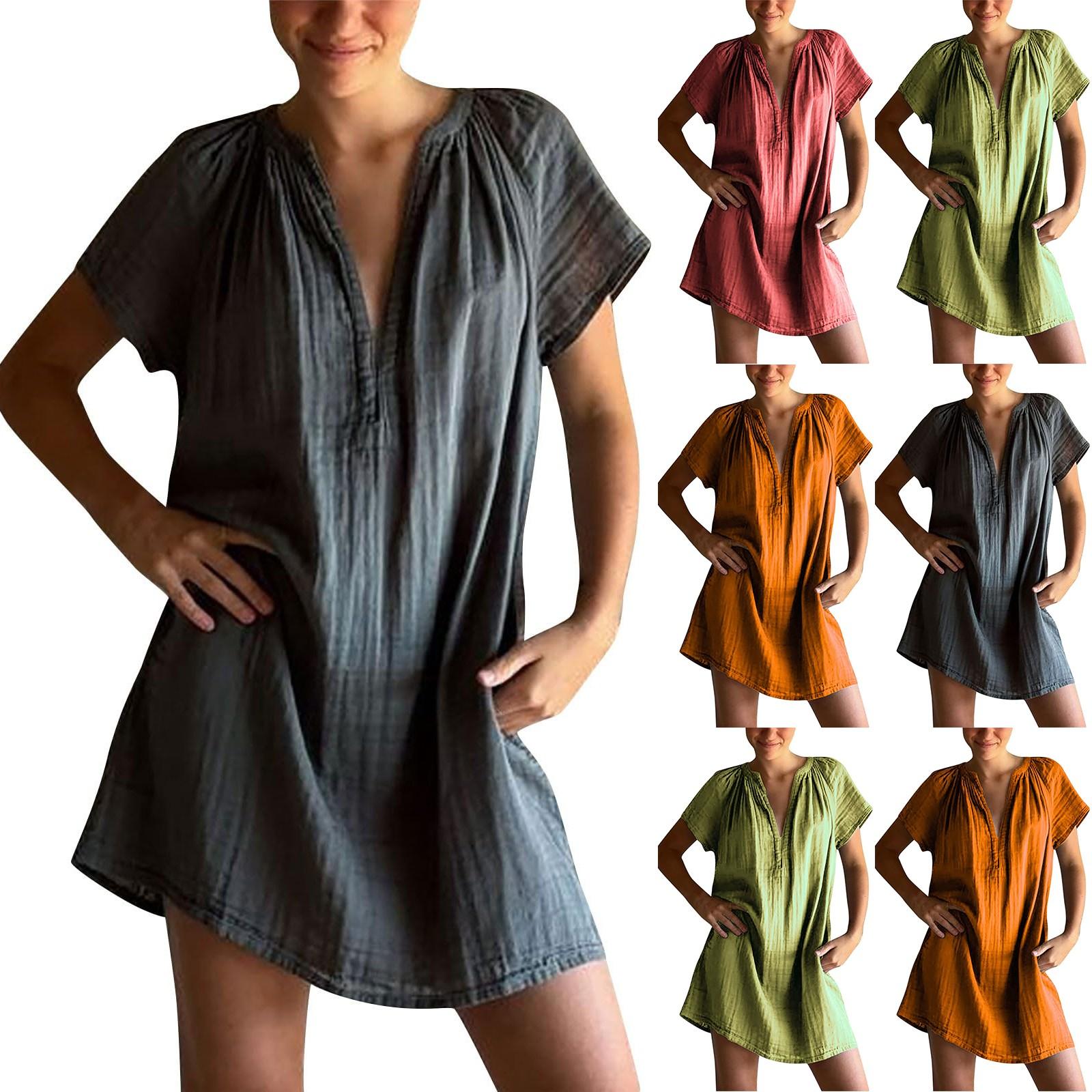 

Women s Fashion Casual Slim Short Sleeve V-Neck Pleated Straight Dresses XL