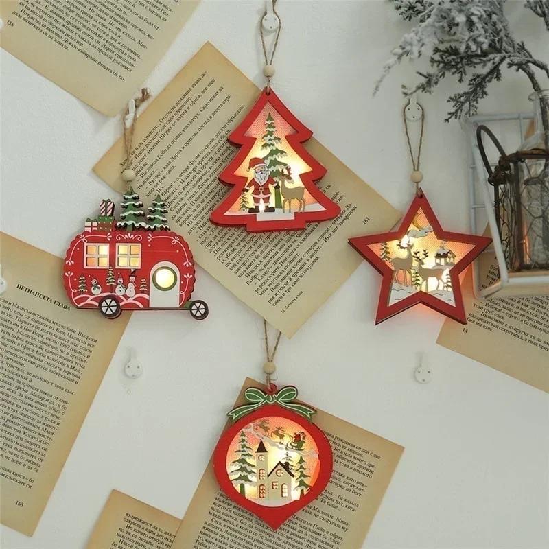 Christmas LED Light Tree Star Car Wooden Pendants Ornaments Xmas DIY Wood Crafts Kids Gift Festival Party Supplies