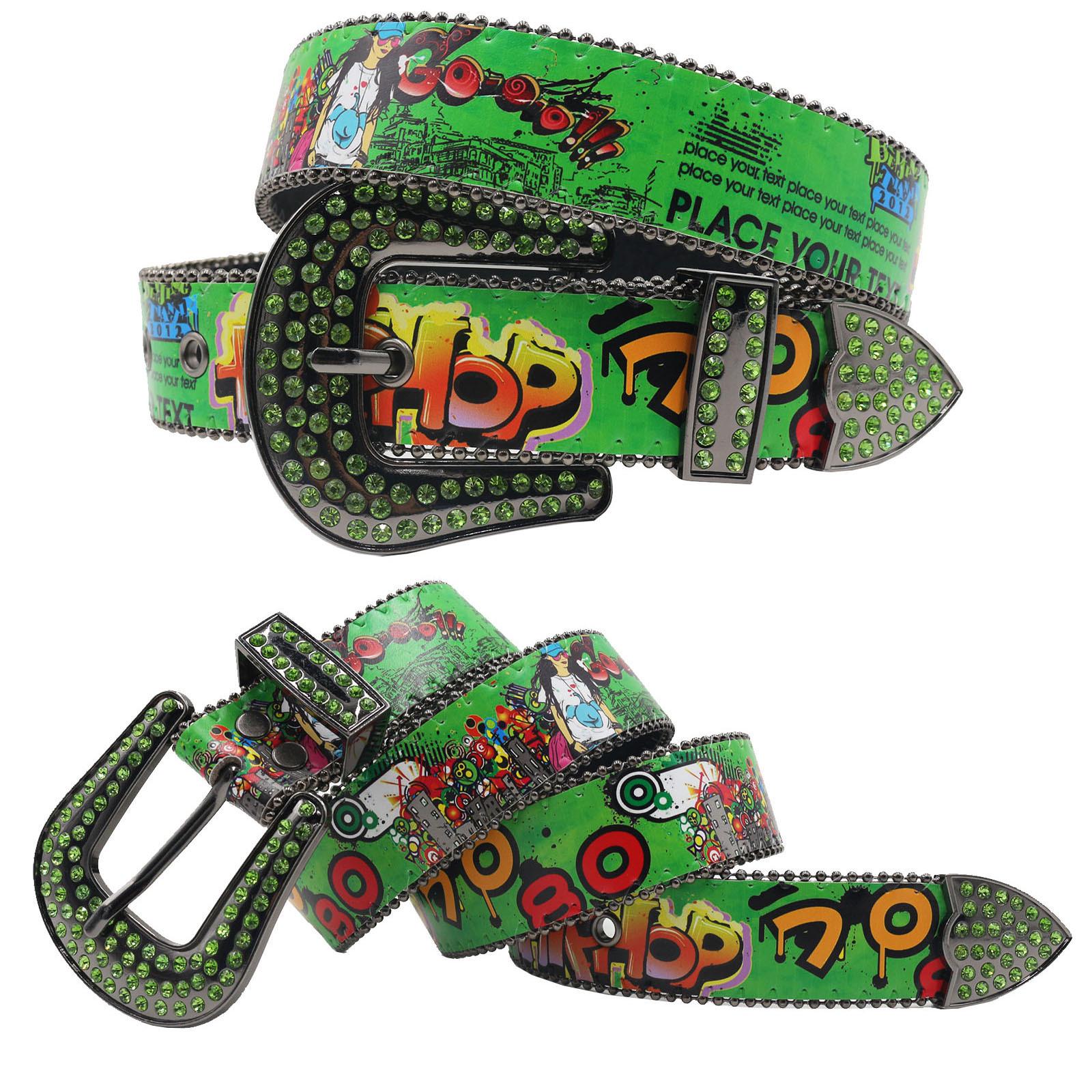 Bohemian Graffiti Rhinestone Leather Belt - Casual & Versatile European-American Style 105 cm зелёный