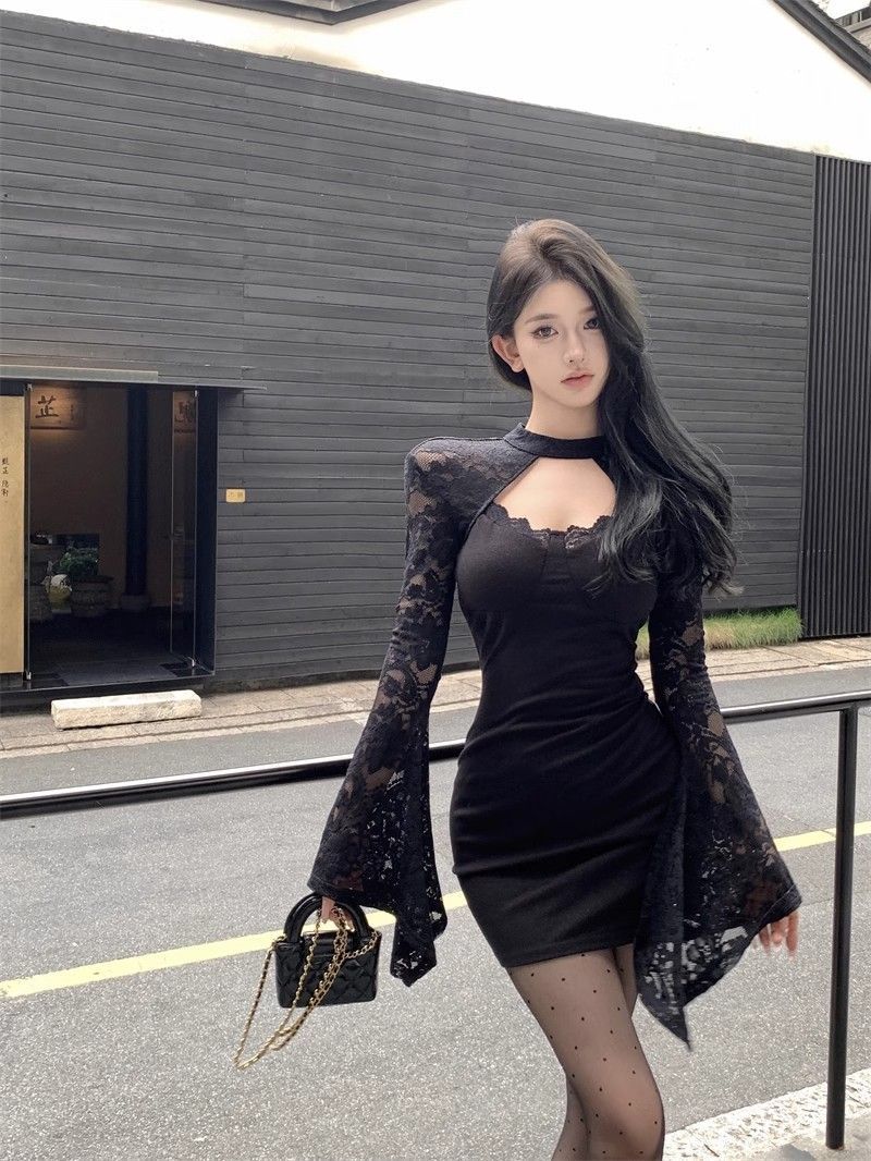 

Sexy wind neck lace dress women s autumn and winter pure desire sexy backless hip-wrapped mom skirt celebrity skirt S чёрный