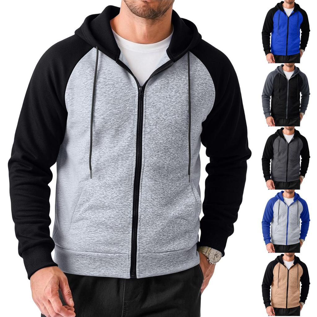 Men's Casual Color Block Zip-Up Hoodie