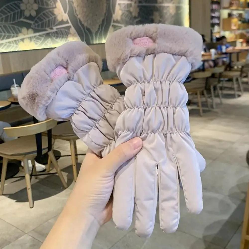 Ski Gloves Women Winter Fleece Thickened Warm Plush Cotton Waterproof Touch-Screen Gloves For Outdoor Riding Mountaineering