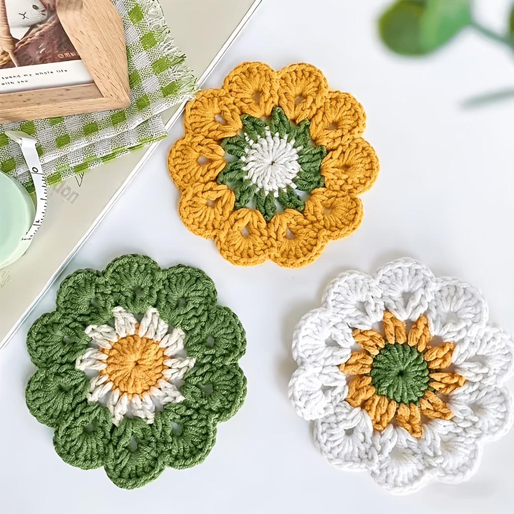 

3Pcs Pure Hand-crocheted Coasters, Decorative Fabric Insulation Mats with Bright Floral Designs, Small Coasters Are Used To Protect The Table,