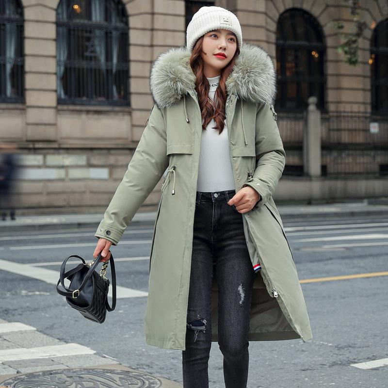

Зимняя женская парка приталенного силуэта с большим меховым воротником, длинное пальто XXXL зелёный