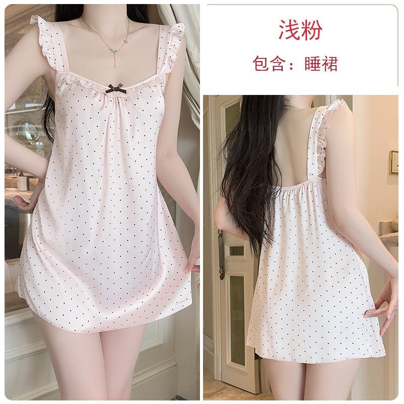 

Sweet bow embellished with ice silk polka dot flying sleeves hot backless nightdress loungewear set XL світло-рожевий колір
