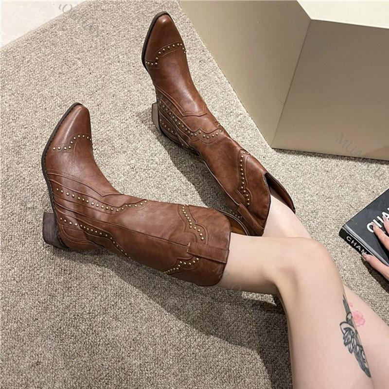 Fashion Women Boots Middle Heel Cowboy Chelsea Western Botas Pu Leather Retro Rivet Gothic Ladies Shoes Vintage Brown Knee High Boot