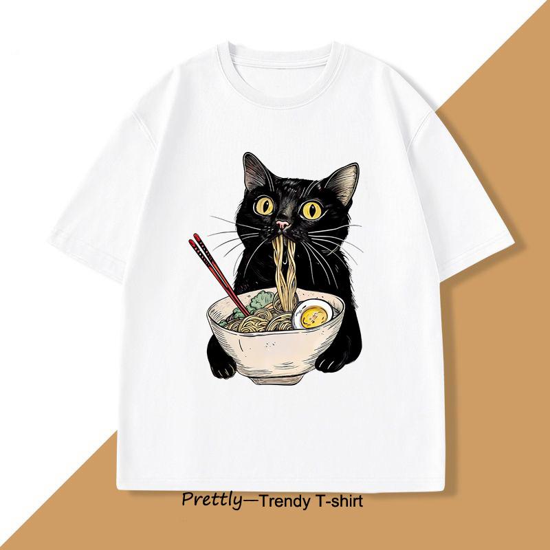 Nudel Katze T-Shirt Ramen Katze T-Shirt Foodie Liebhaber Grafik T-Shirts Retro Druck Herren Damen T-Shirt Baumwoll-T-Shirts Lockere Kleidung