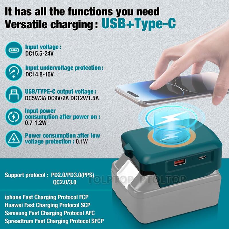 Magnetic wireless charger, for Makita/Dewalt/Milwaukee 18V Li-ion Battery, with USB/TYPE-C, Fast charging battery adapter