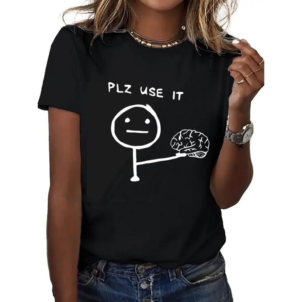 Fun T-shirt with Humorous "PLZ USE IT" Brain Print Short Sleeved T-shirt