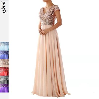 New Spring and Summer European and American Women's Foreign Trade Dress V-neck Sequined Chiffon Splicing Evening Dress Long Dress