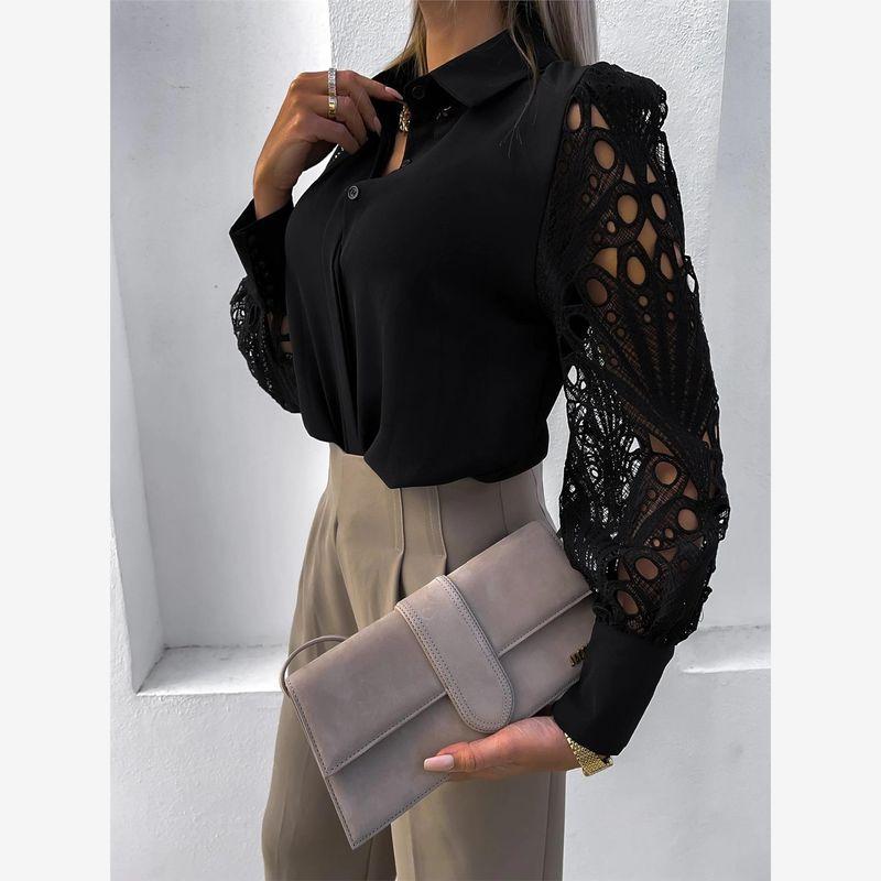 Women Black White Hollow Out Shirts Pure Color Lace Patchwork Shirt Shirt