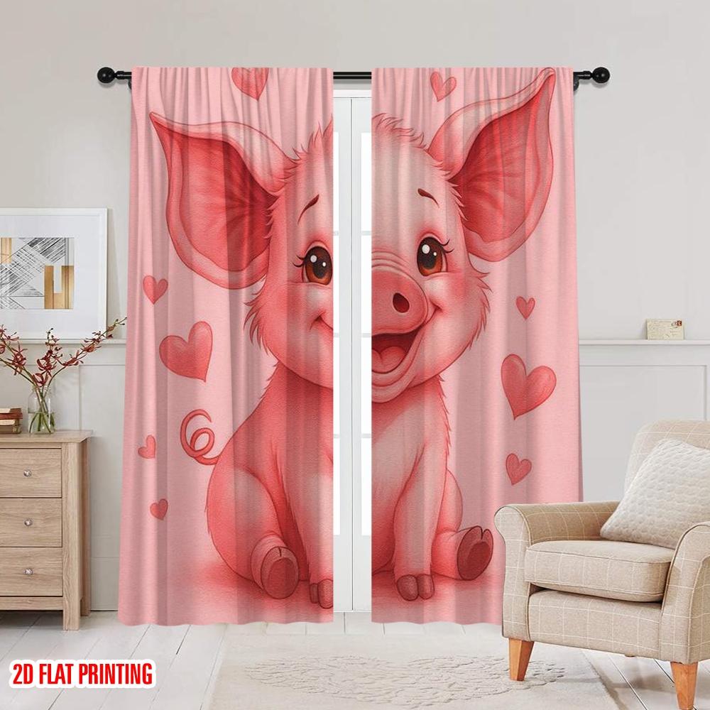 2pcs,2D Plane Printing Window Curtain Pink Piggy Love Durable Polyester (without Rod) Gifts for Living Room & Office Decor