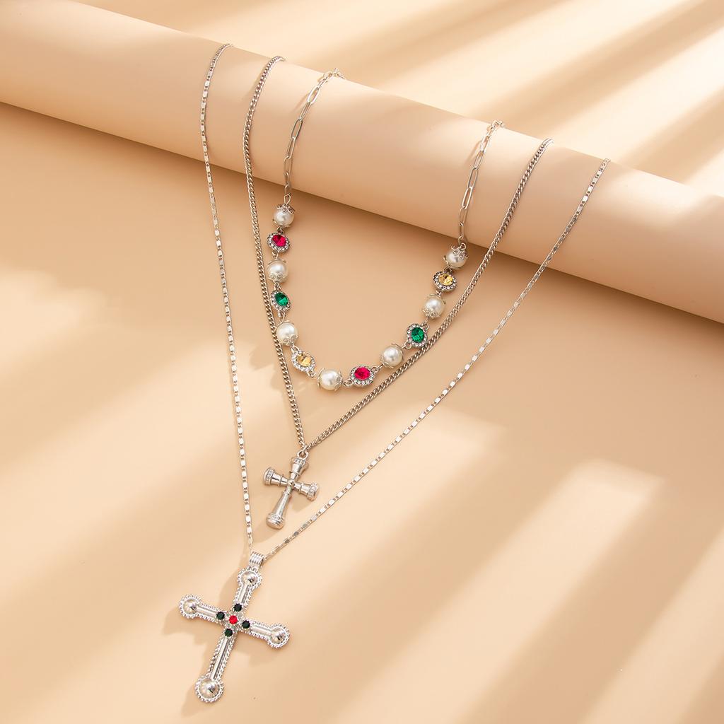Sweet Cool Style Cross Alloy Pendant Chain Diamonds Pearls Beads Tassel Necklace