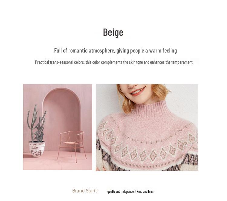 Women's Retro Thickened High Neck Cashmere Jacquard Pullover Sweater for Autumn/Winter