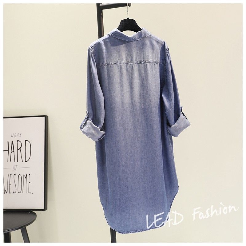 Spring Women's Clothing Shirt Medium Long Containing Cotton Shirt Loose Fit Long Sleeve Double Pocket Rolled Sleeve Thin Blouse