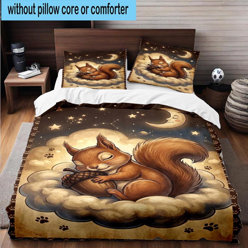 Squirrel Dreams Under Moonlight 3pcs Bedding,Including 1pc Duvet Cover And 2pcs Pillowcases Perfect for Christmas,Ideal for Bedroom, Dormitory