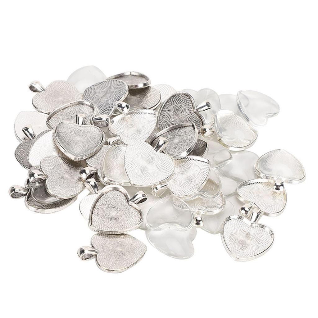 60pcs Pendant Trays Heart Shaped Pendant Setting Cabochon Base Setting with Glass Cabochon