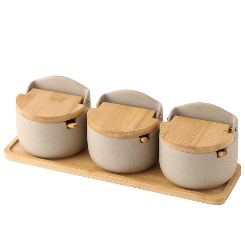 Japanese Ceramic Seasoning Jar Set with Bamboo Lids - Home & Restaurant Use