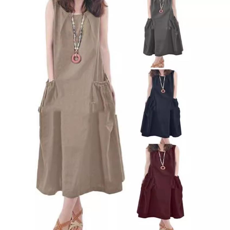 Sommer ärmelloses Maxikleid Damen Mode Arbeit Urlaub Sommerkleid Lässig Einfarbige O-Ausschnitt Vestidos Midi Robe Oversize