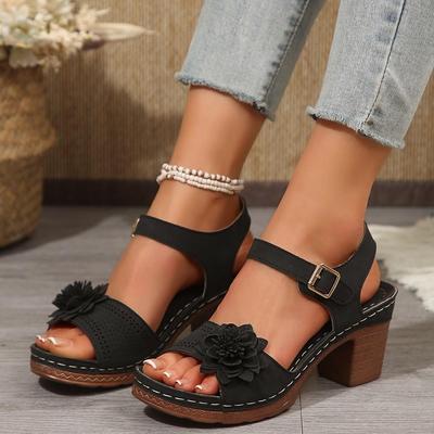 Women Chunky Heel Floral Sandals Ladies Comfortable Shoes Open Toe Buckle Shoes Women Footwear